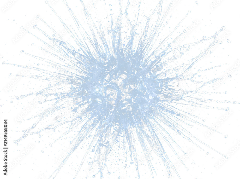 Fototapeta premium Dramatic water splash explosion on black background with radiating droplets and energy
