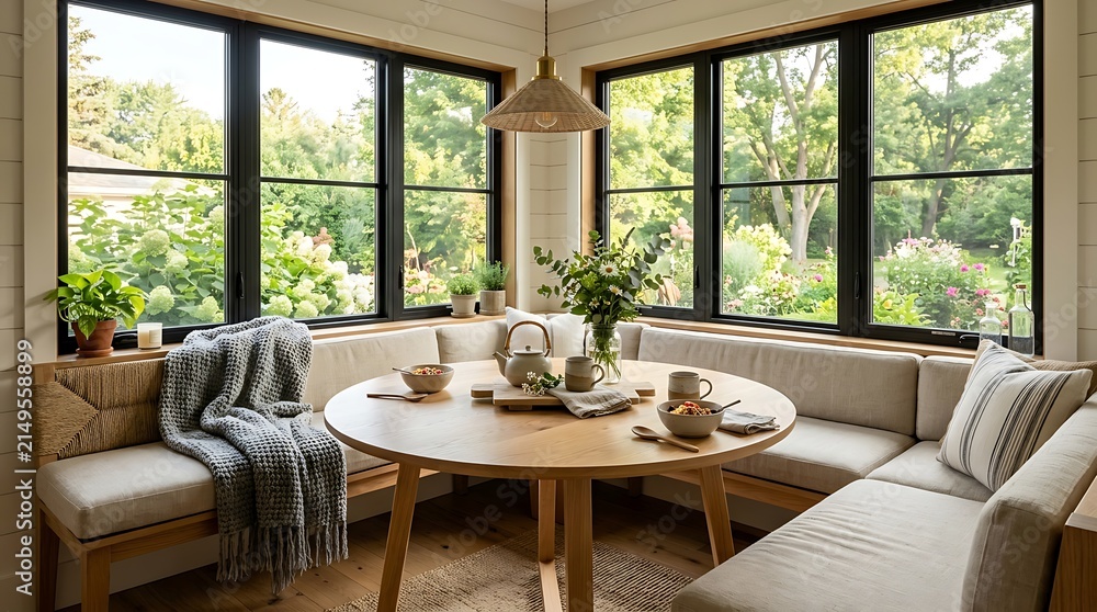 Fototapeta premium Cozy breakfast nook with circular wooden table and built in corner seating.