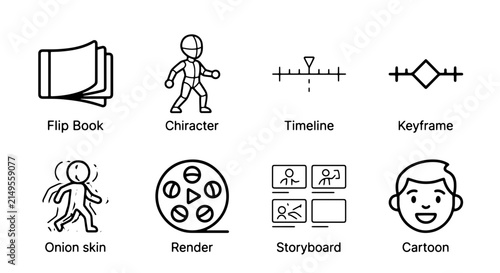 Animation Icons Set: Flip Book, Character, Timeline, Keyframe, Onion Skin, Render, Storyboard, Cartoon