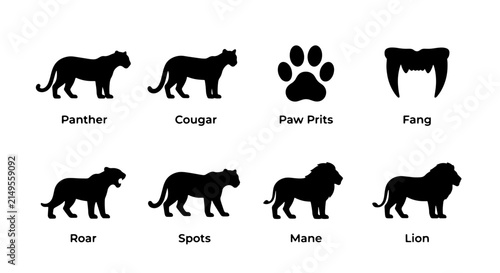 Canvas Print Big Cat Silhouettes: Panther, Cougar, Lion Icons, Paw Prints, Fangs, Roar, Spots