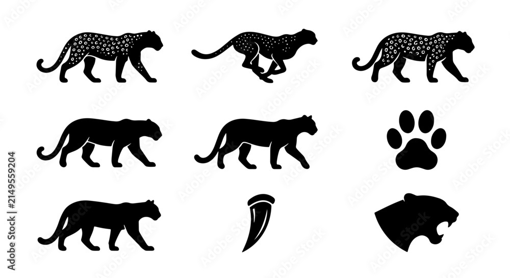 Obraz premium Black Panther Vector Icons, Silhouette Set: Walking, Running, Roaring, Paw Print, Claw