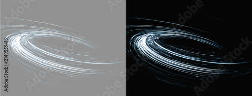 Fotografie Abstract glowing blue swirling light vortex isolated on grey and black background
