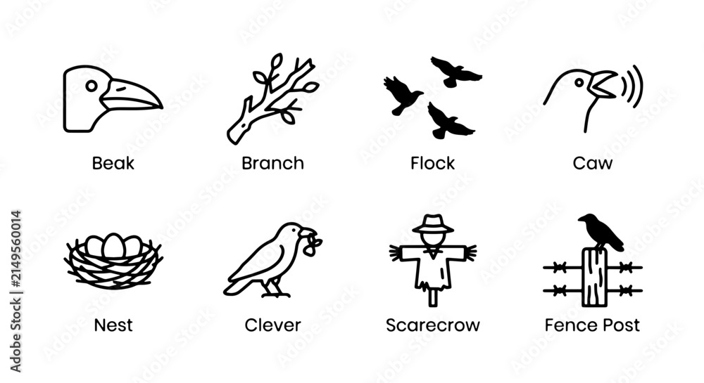 Fototapeta premium Bird Icons Set: Beak, Nest, Flock, Scarecrow, Branch, Clever, Fence Post, Cow