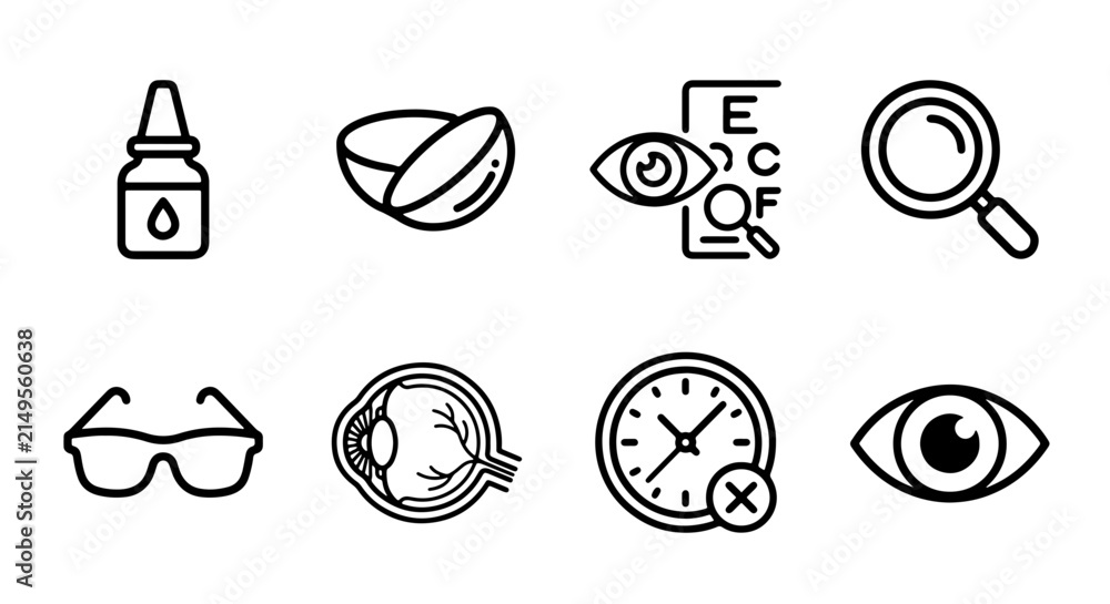 Fototapeta premium Eye Care Icons Set: Vision Health, Optometry, Eyeglasses, Contact Lenses, Eye Exam