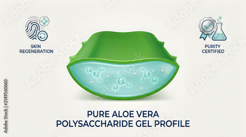 Pure aloe vera polysaccharide gel slice with skin regeneration icons
