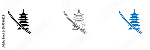 Minimalist japanese pagoda and katana icons with modern blue building isolated on transparent background, Vector