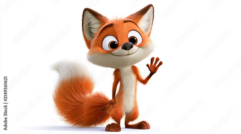 Fototapeta premium Cartoon fox character waving, friendly and cheerful, 3D rendering, digital art, commercial stock image