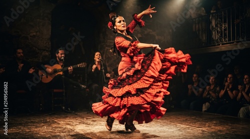 Flamenco dancer performing in red ruffled dress on stage with flamenco, movement
