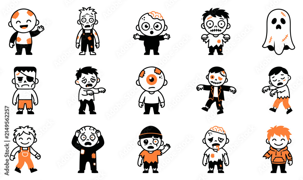 Fototapeta premium A collection of cute cartoon characters featuring zombies and ghosts for a fun and spooky halloween party design set
