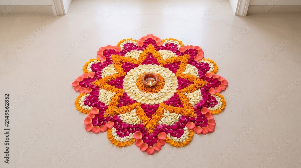 Fototapeta premium Vibrant flower rangoli design with diya for Diwali celebration