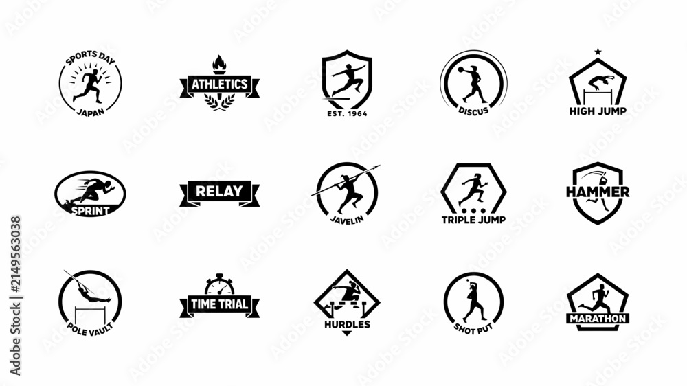 Fototapeta premium Collection of minimalist track with each encapsulated distinct geometric shapes bold typography dynamic silhouettes athletes action icons with icons