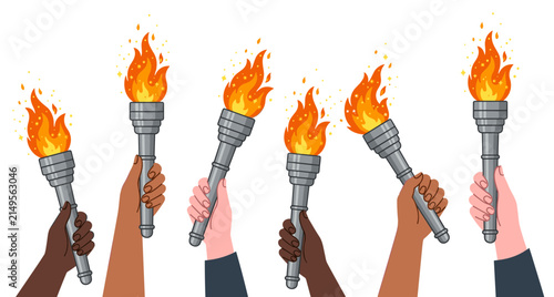 Fotografie Hands Holding Torches: A diverse collection of hands, representing various ethnicities, hold aloft flaming torches, symbolizing unity, hope, and the continuation of a legacy