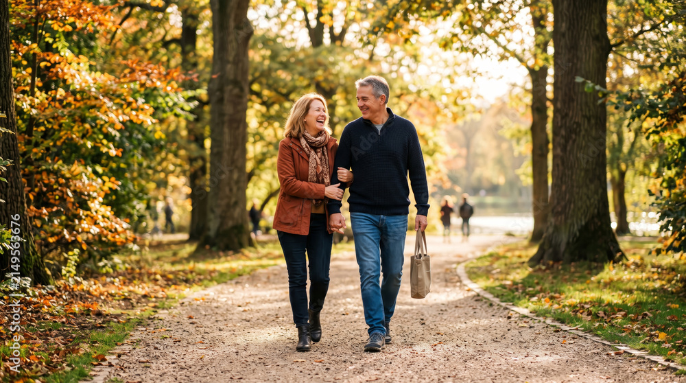 Fototapeta premium Couple Walking in Autumn Park