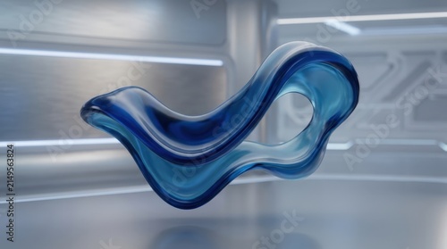Abstract liquid blue shape floating in futuristic technological metallic