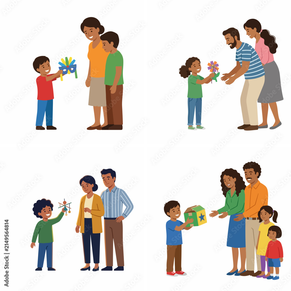 Fototapeta premium Diverse family scenes with children showing handmade crafts and school projects to parents, flat vector illustration set.