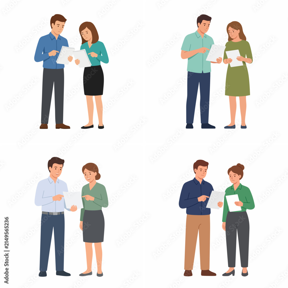 Obraz premium Flat vector illustrations of professional business colleagues discussing documents and project reports together.
