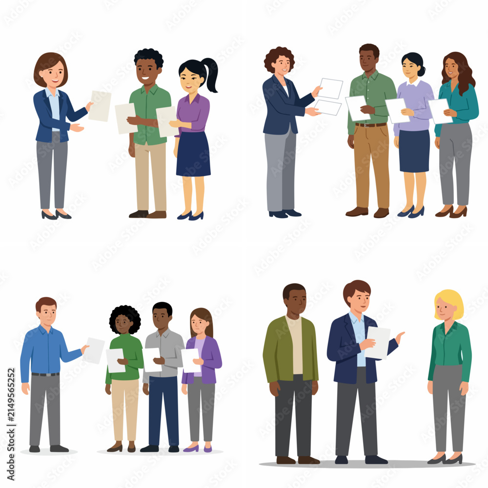 Obraz premium Diverse business professionals sharing documents and communicating in corporate office settings flat vector illustration set
