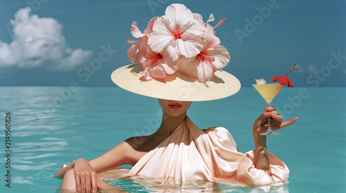 Woman in Floral Hat Enjoying Cocktail in Tropical Water