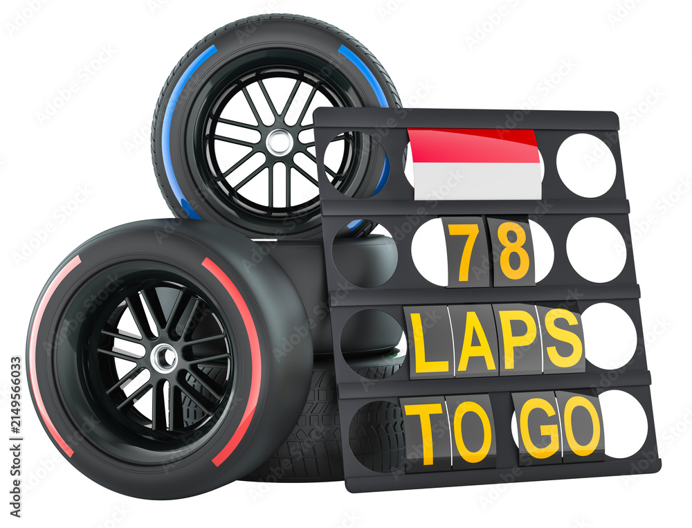 Fototapeta premium Monaco racing, pit board with flag of Monaco and racing wheels. 3D rendering