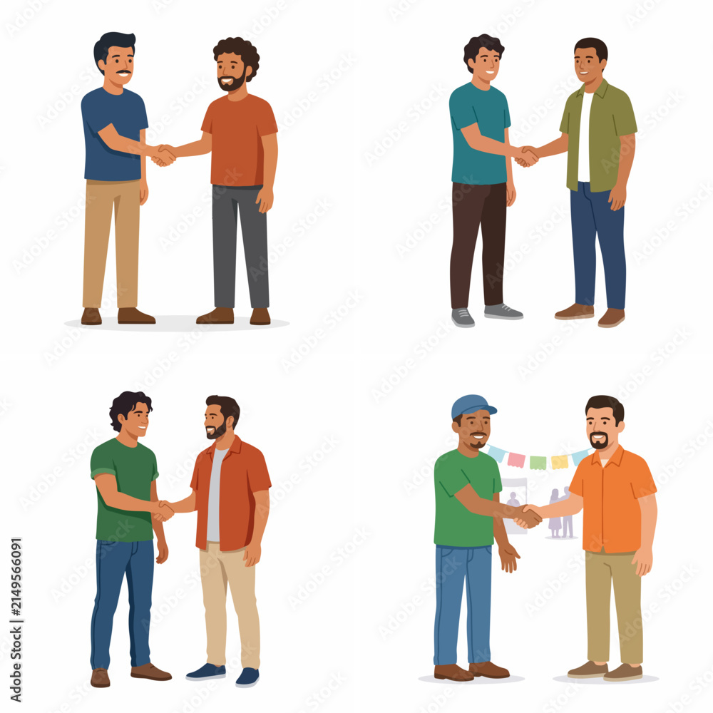 Obraz premium Vector illustration set of diverse men shaking hands in greeting, agreement, and partnership.