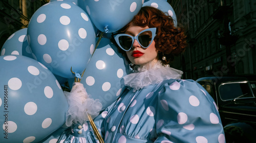 Woman Holding Blue Polka Dot Balloons in Vintage Style Outfit