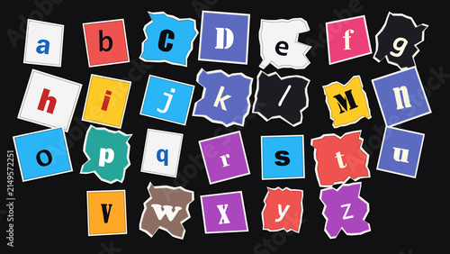 Alphabet Scraps: A collage of torn paper squares, each displaying a single letter of the alphabet from a to z, scattered in a random, vibrant display.