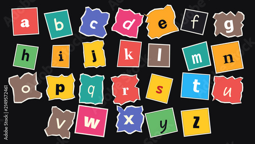 Colorful Alphabet Tiles: A vibrant collection of torn paper squares featuring letters of the alphabet in various bright colors, arranged on a dark background.