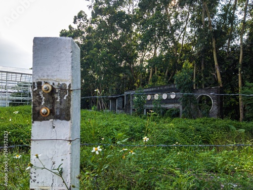 Cuadro en lienzo Overgrown garden with wire fence and industrial buildings