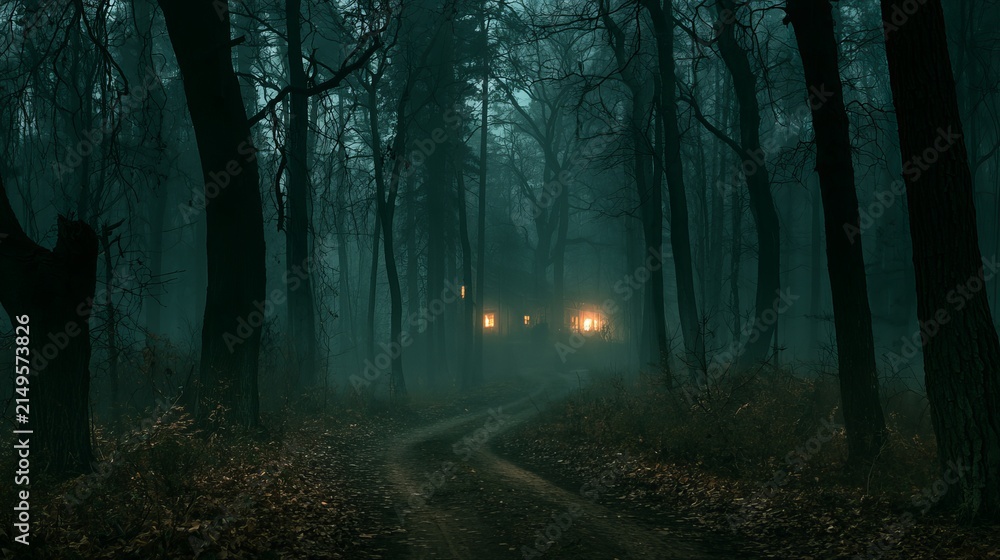 Fototapeta premium A winding path through a dense forest, illuminated by distant, warm light sources in a moody, dark scene