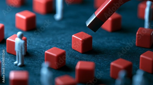Red cubes and figures arranged on a dark surface, with a marker highlighting one, symbolizing selection