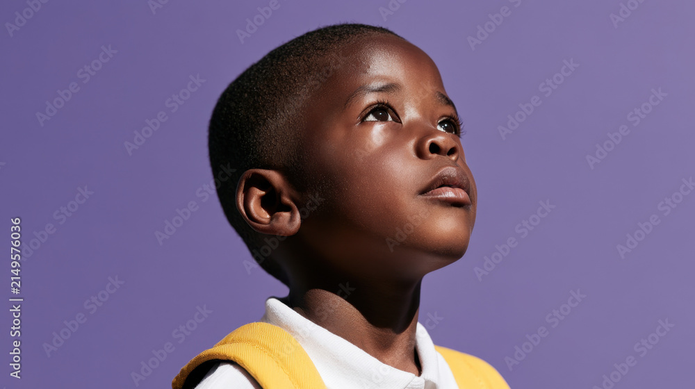 Obraz premium Schoolboy with yellow backpack looking upward against purple background, representing curiosity, education, childhood, imagination and future aspirations