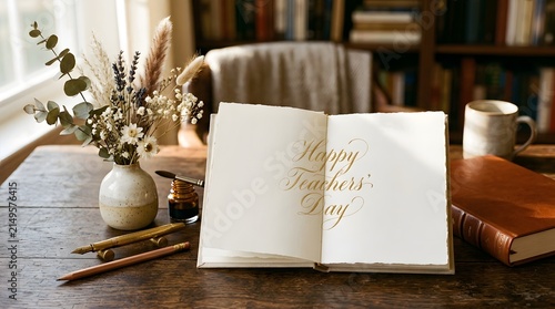 Open blank notebook on a rustic wooden desk with dried flowers and a warm cozy library background