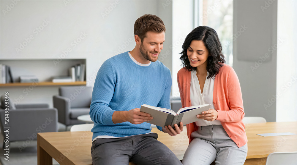 Obraz premium Couple reads book together while sitting on a table in bright indoor space. Natural light shines through large windows, creating warm atmosphere. Concept of relationship, communication, learning