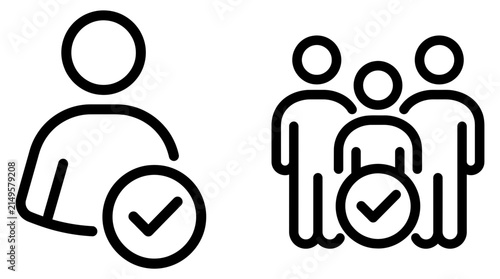Simple black line art icons representing individual person and group with check marks for verification