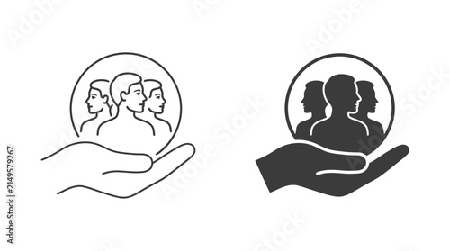 Stylized minimalist icons showing human silhouettes held inside a circular shape by a protective open hand