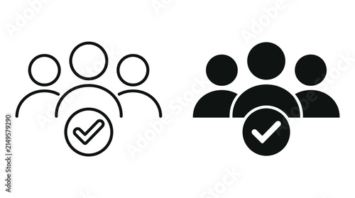 Minimalist black outline and solid group icons featuring a simple circular checkmark for user verification