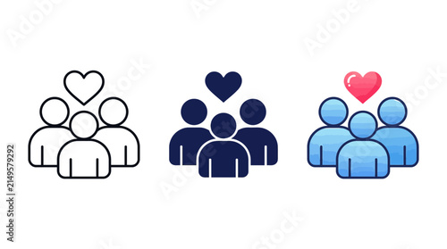 Three stylized human figures grouped together with a vibrant red heart icon in different design styles