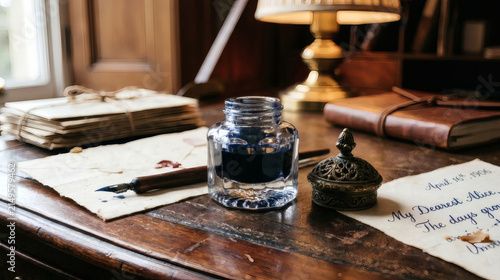 Glass inkwell bottle with blue ink and dip pen on old wooden writing desk