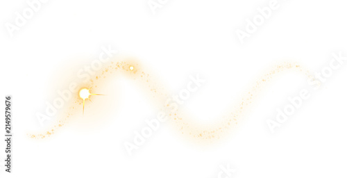 Glowing yellow light trail with a circular head and wavy tail, featuring sparkling star particles against a solid black background, isolated on a, transparent background