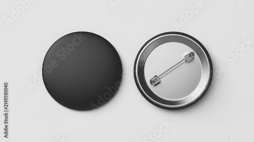 Two blank black pin buttons showing front and back side on light gray background