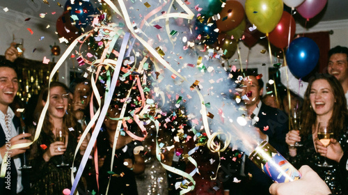 Excited friends celebrating a party with confetti poppers, streaming ribbons, and colorful balloons