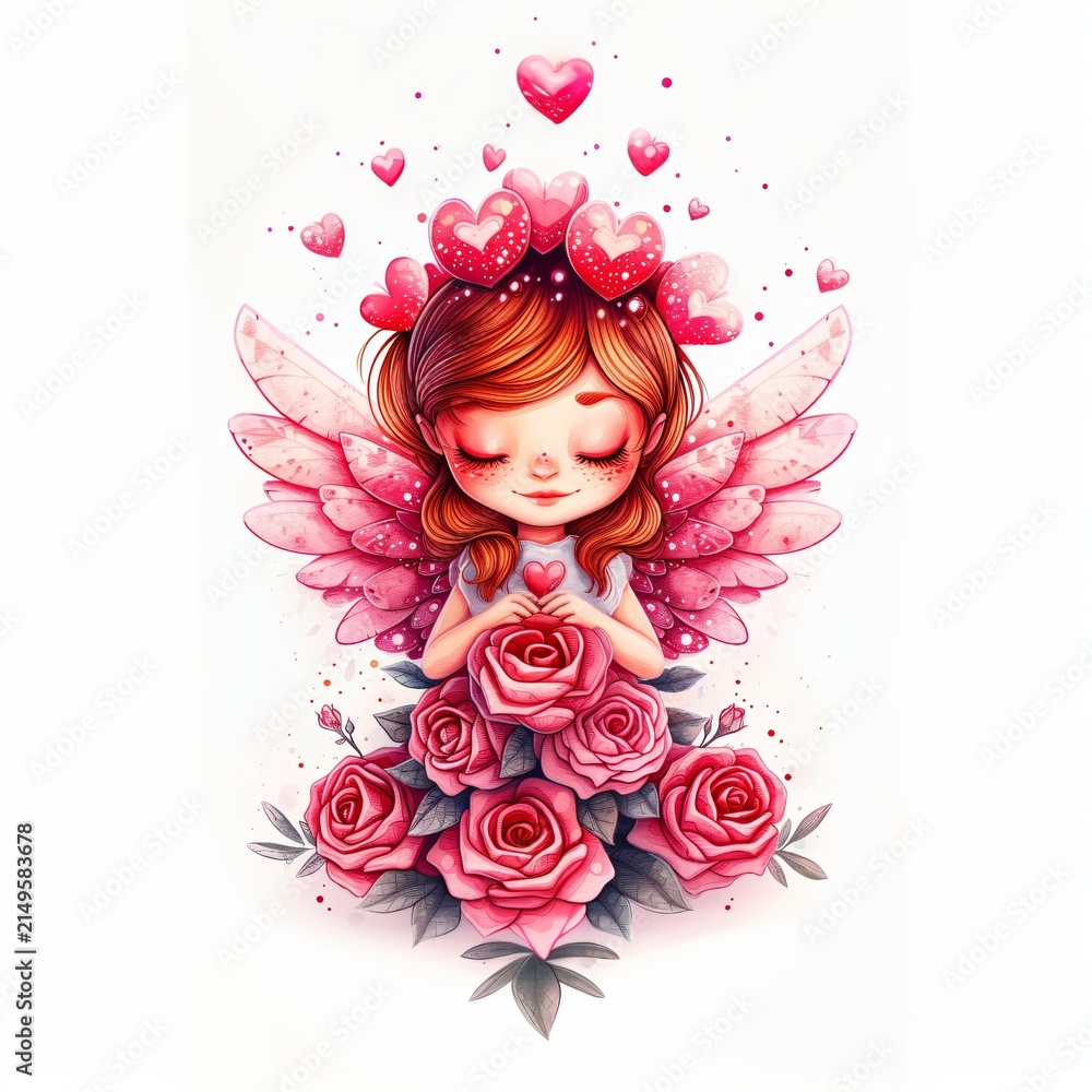 Fototapeta premium Little anime chibi woman angel with pink wings holding a heart surrounded by a bouquet of red roses for Valentines Day greeting card.