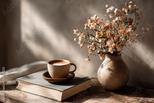 Minimalist desk with hardcover notebook coffee