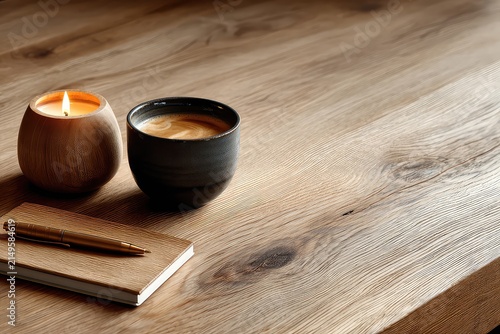 Minimalist light wood desk with candle pen