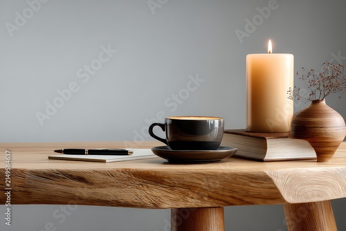 Minimalist light wood desk with candle pen