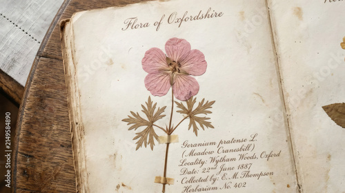 Pressed pink flower specimen in old botanical herbarium book from Oxfordshire