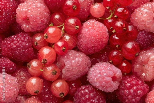 Pink Currants and Raspberries Flat Lay Background