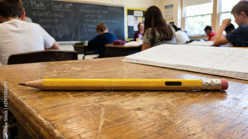 Yellow pencil on wooden school desk in classroom with students background