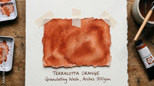 Watercolor swatch of terracotta orange granulating wash on Arches paper