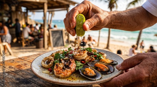 Brazilian beachside restaurant serving fresh grilled seafood with a hand squeezing lime over the dish